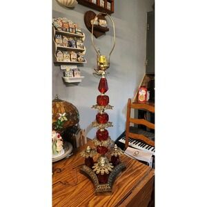 Vintage Hollywood Regency Ruby Red Lucite & Gold Brass Ornate Table Lamp, RARE